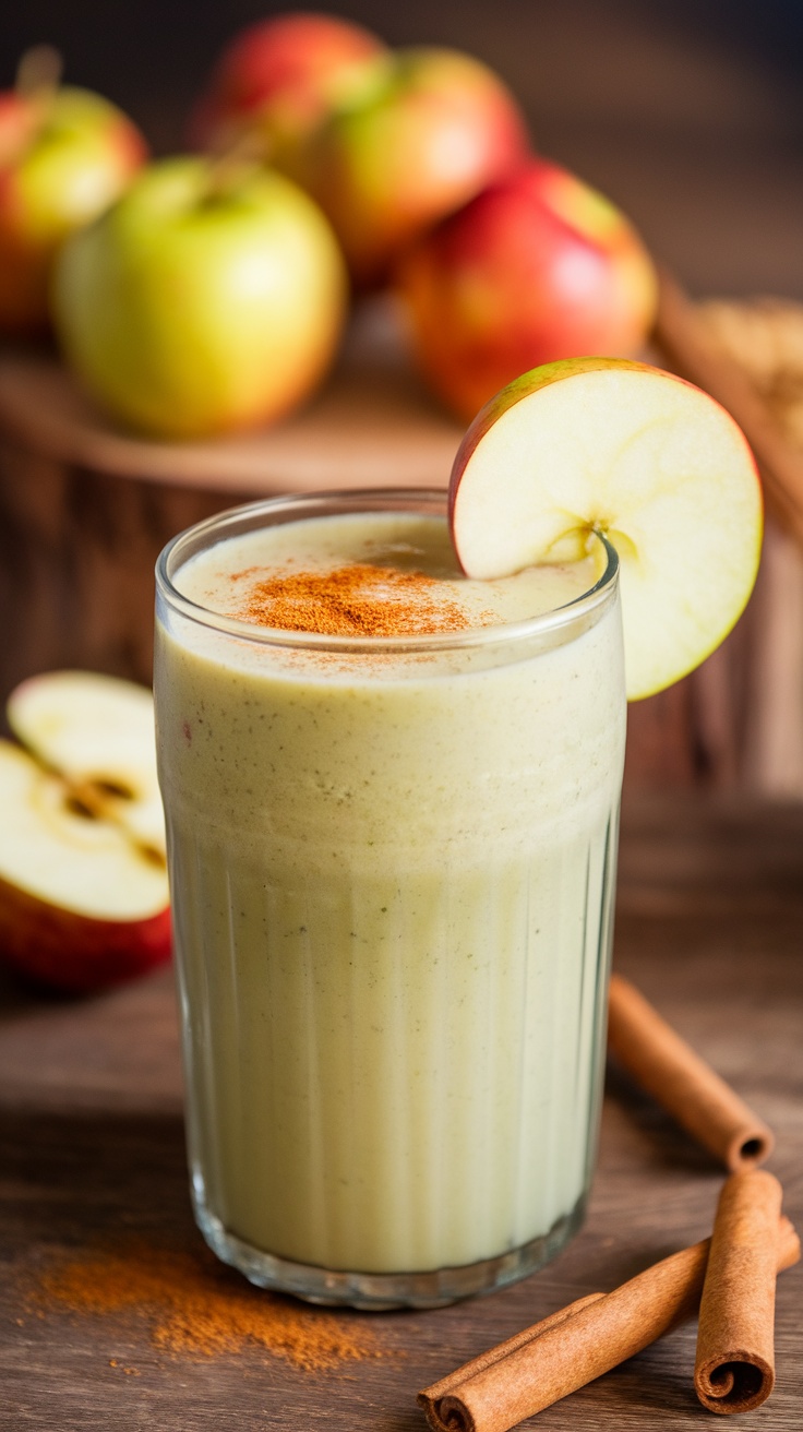 A glass of apple cinnamon smoothie garnished with an apple slice and cinnamon, surrounded by fresh apples and cinnamon sticks.